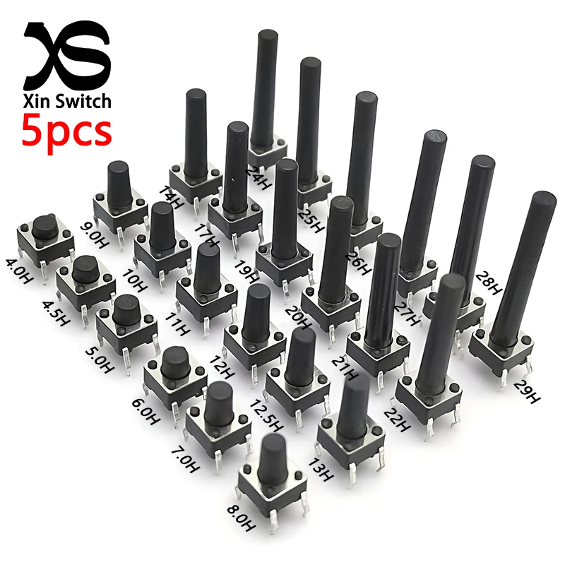 5pcs 6*6 Micro Switch Button 6x6x4.3/4.5/5/5.5/6/7/8/9/10/11/12/13/14/15/16/17mm 4-Pin Dc12V 50mA Tact Push Vertical Interruptor
