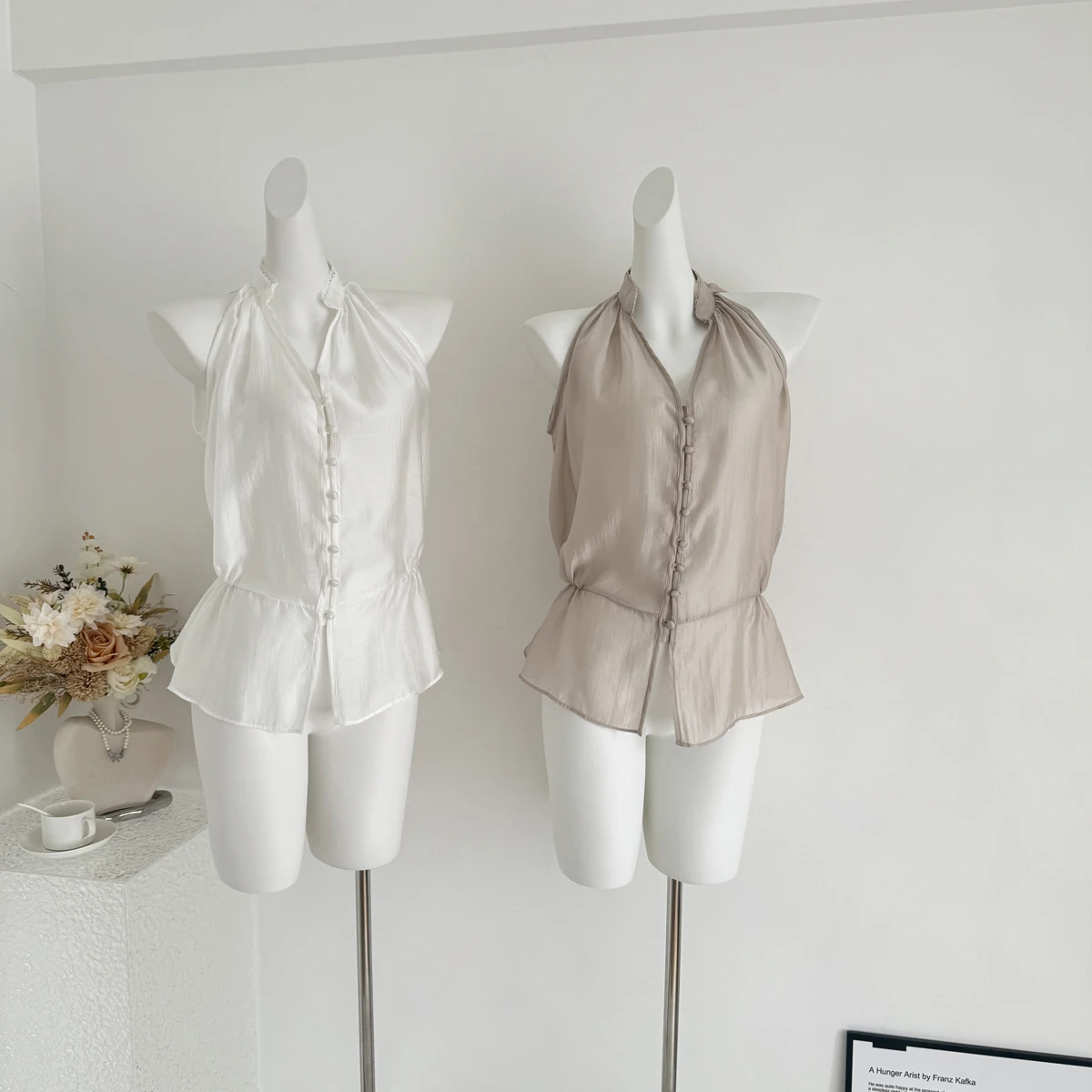 Acetate Lyocell Sleeveless Mid-Sleeve Shirt for Women Sash Seven-Foot Sleeve Woman Open Shirt Shirring V-neck Splicing Button