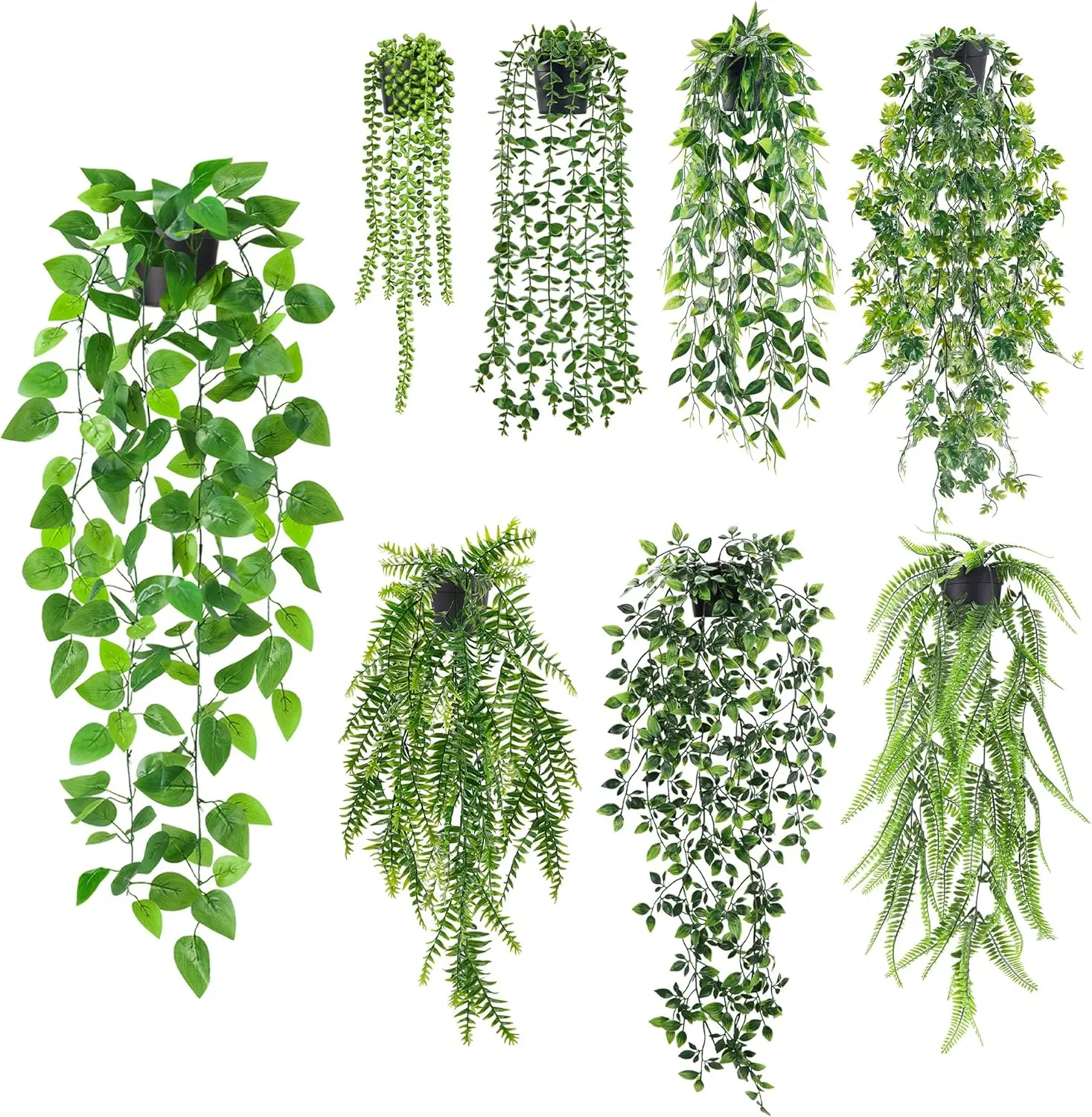 

8Pcs Artificial Hanging Plants with Black Pots for Indoor Outdoor Wall Decor, Fake Ivy Vine Eucalyptus Ferns