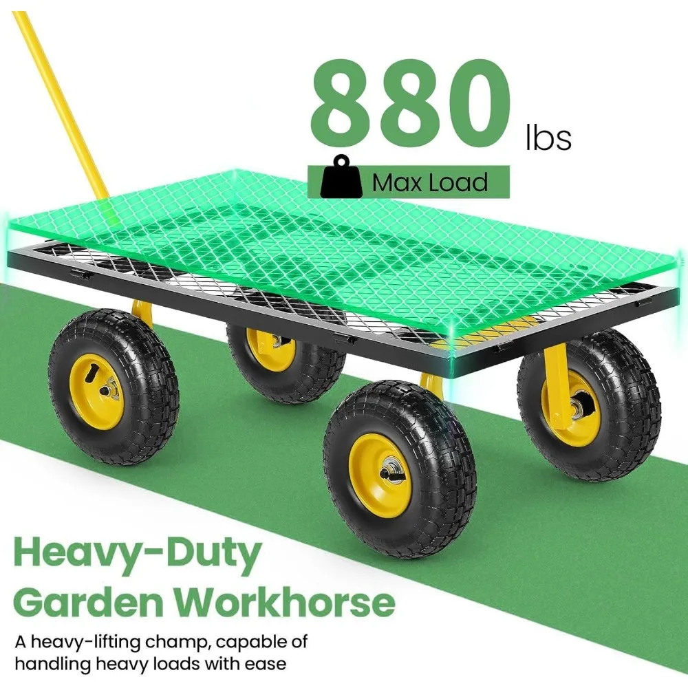 Homdox MAX 880 Lbs Garden Cart, Heavy Duty Foldable Mesh Steel Garden Wagon with 180° Rotating Handle and 10 Inch Tires, Pullabl