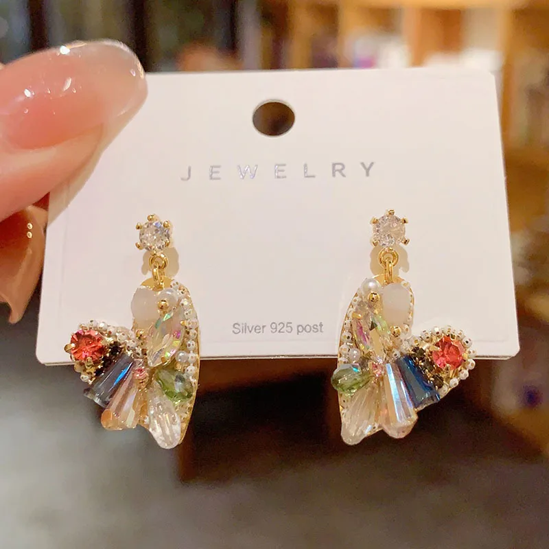 Silver needle colored crystal love stud earrings handmade light luxury contrasting color heart earrings high sense Mori Internet