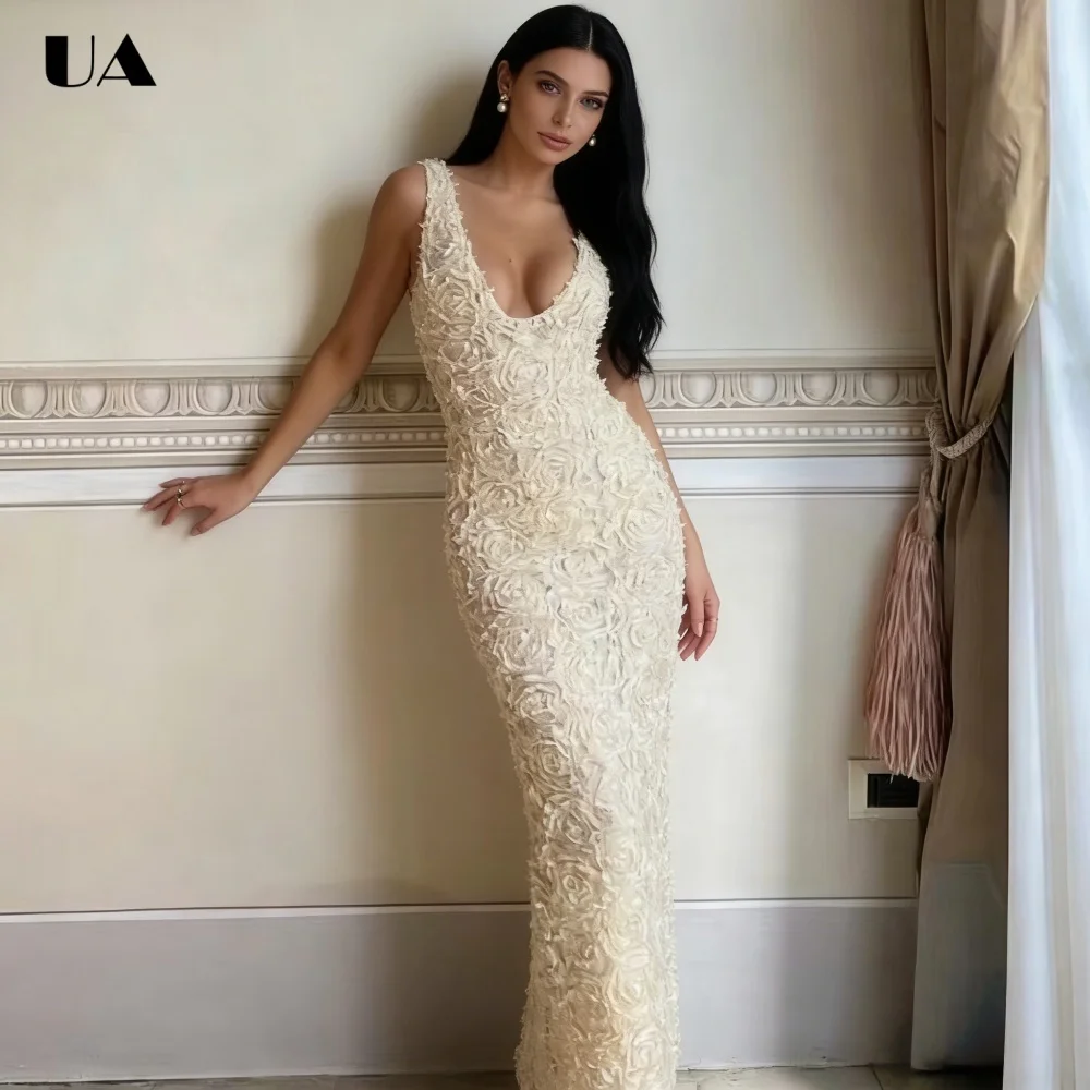 

Fashionable Sheath Sleeveless 3D Flower Maxi Prom Dress, Elegant Deep U-neck Long Dresses for Women, Trendy Zipped Party Dress