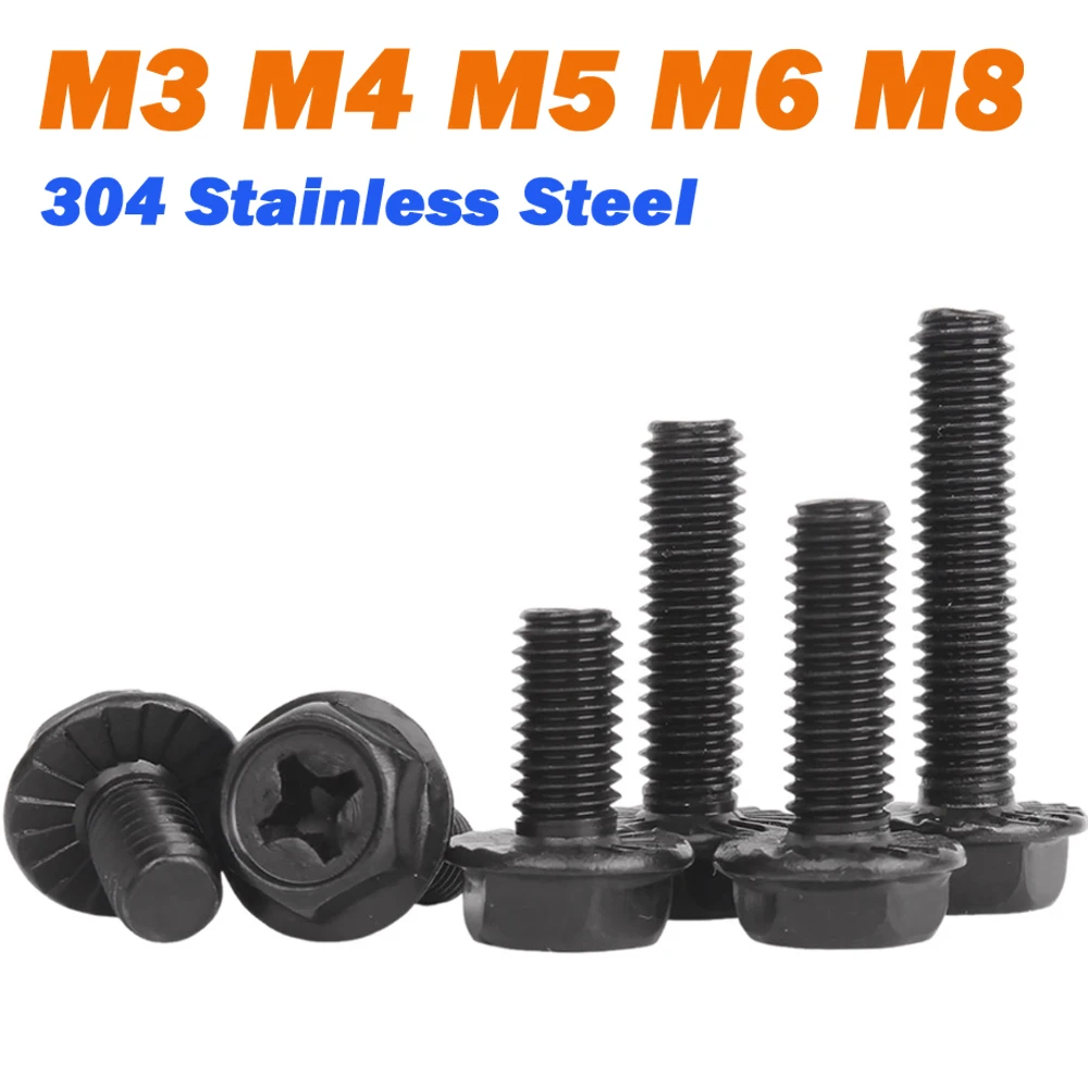 M3 M4 M5 M6 M8 Length 5mm~40mm Black 304 Stainless Steel Phillips Outer Hexagon Head Flange Screws Hexagon Flange Bolt