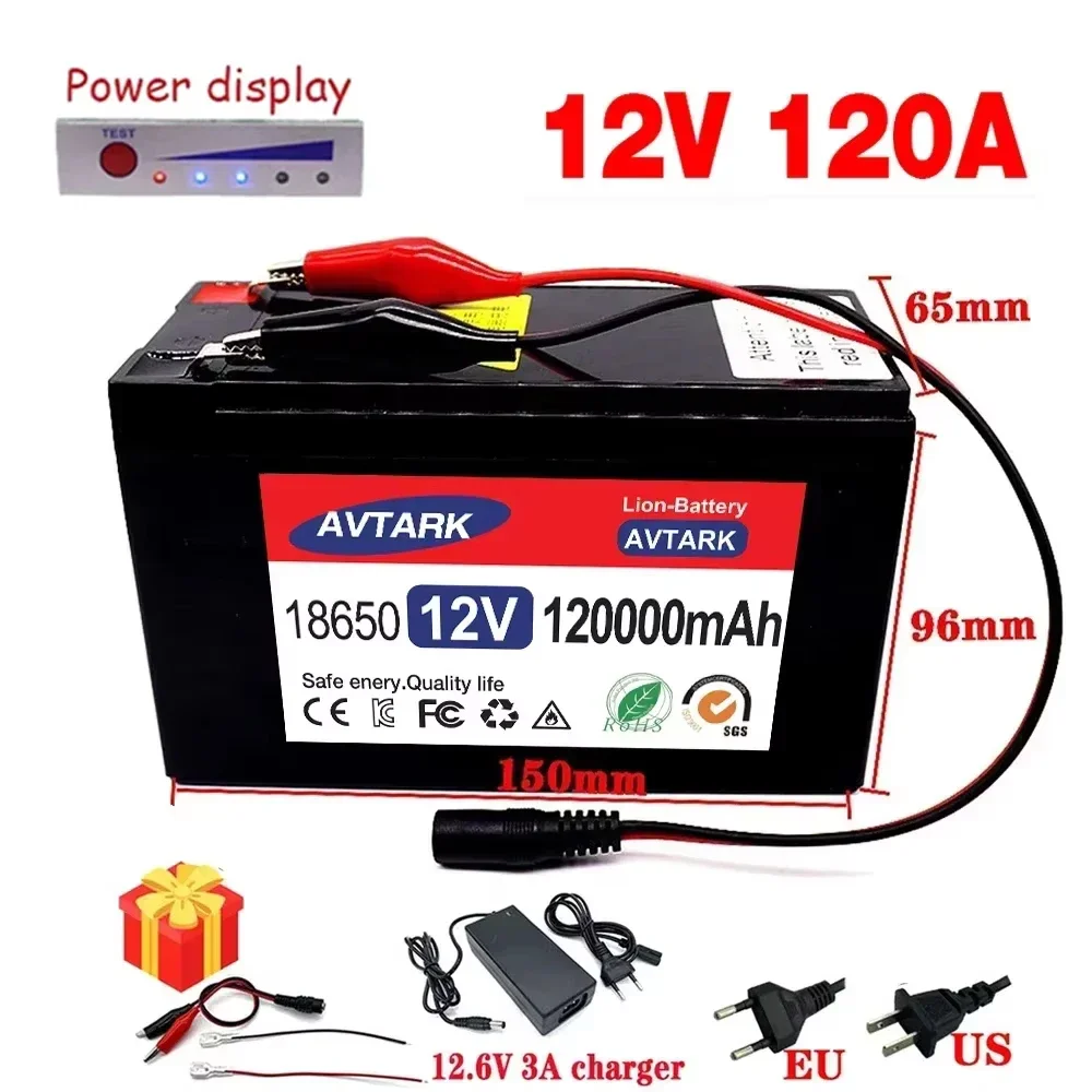 

12V 120Ah LiFePO4 lithium battery for Solar Panels 30A built-in high current BMS electric vehicle battery +12.6V charger