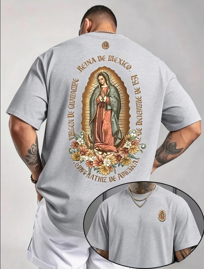 2026 New Men Women Virgin Guadalupe Floral Double Sided Graphic T-Shirt Unisex Cotton Loose Religious Tee