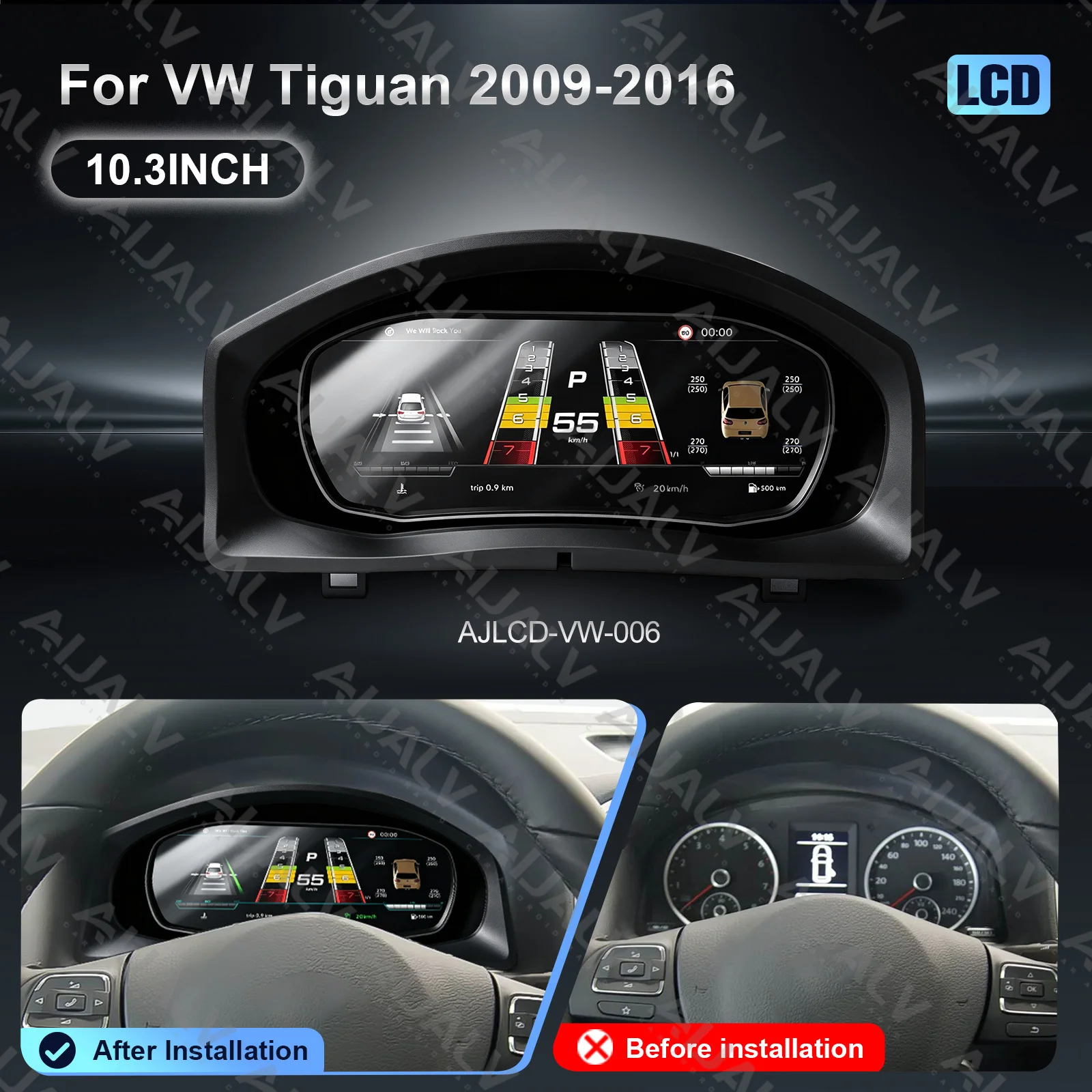 10.3inch Car Dashboard LCD Digital Meter Digital Cluster for Volkswagen Tiguan 2009-2016 Wireless Carplay Android Auto