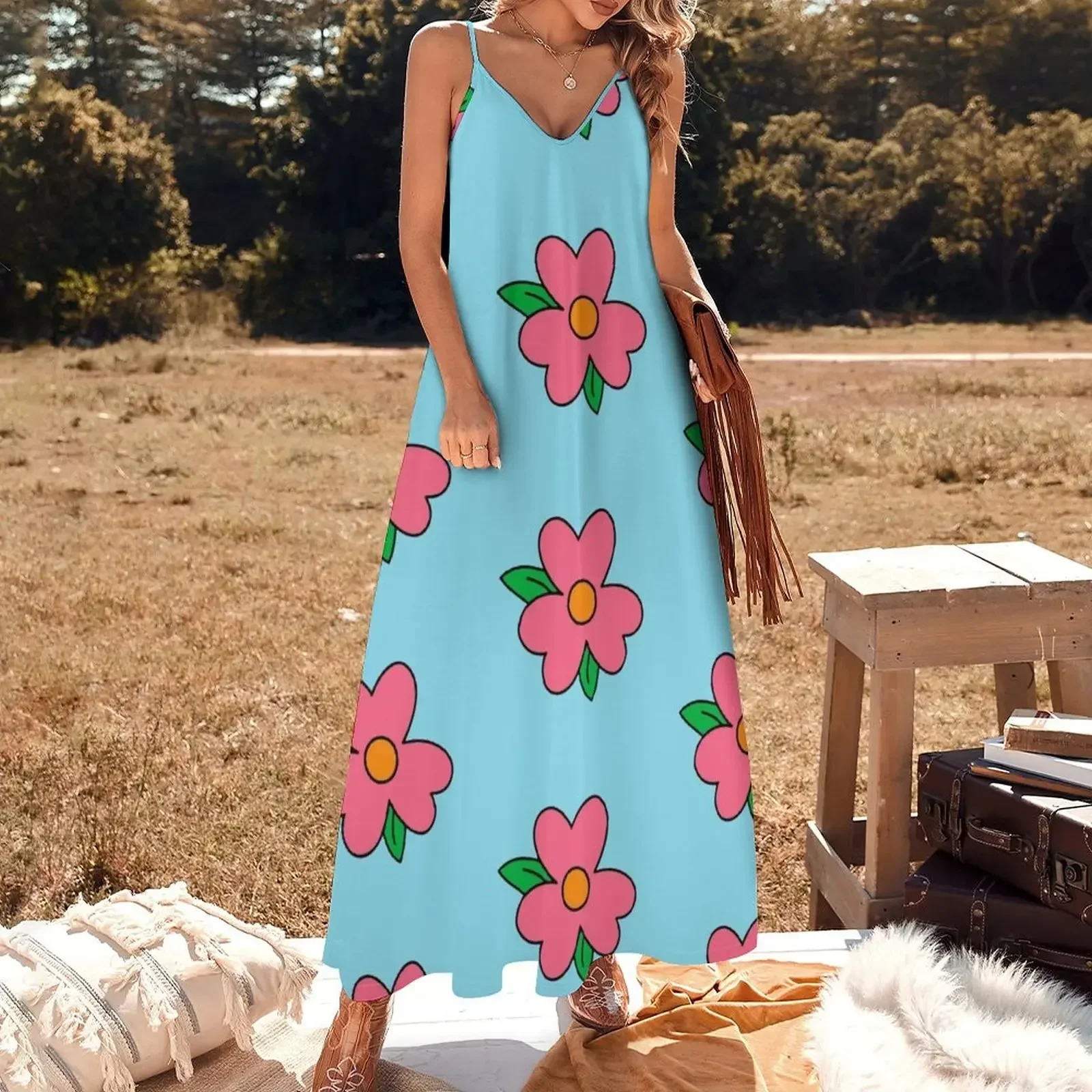 Fat Homer blue Dress Pattern big flower Sleeveless Dress summer dress women 2024 Women's clothing