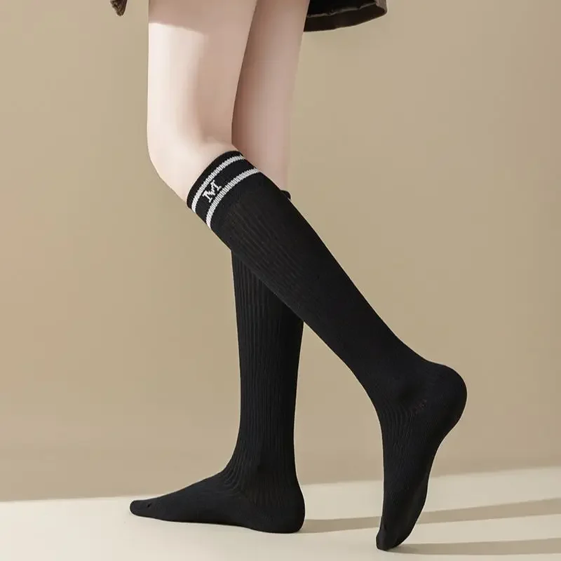 Letter Embroidery Stockings Women Girls Solid Color Long Socks Women Stockings College Style Knitting Cotton Knee Socks Stocking