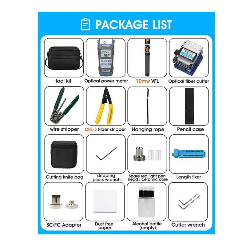 

Набор инструментов для оптоволокна OK FTTH с оптическим измерителем мощности -70-+10 дБм, визуальным локатором неисправностей 10 мВт и оптическим скалывателем волокон