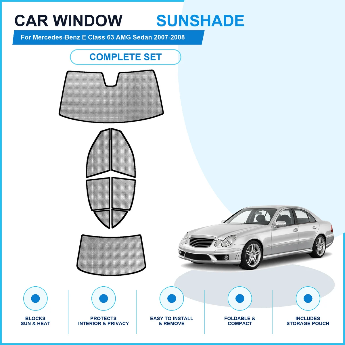 For Mercedes-Benz E Class 63 AMG Sedan 2007-2008 Custom Full Set Window Sunshades Aluminum Foil Suction Cup Anti UV Privacy