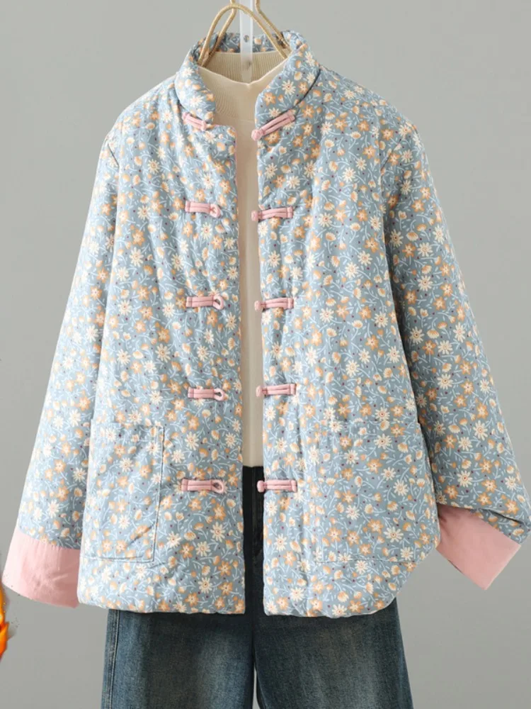 

Thiened Cotton Jaet Women's Winter Ele Tang Costume Button Cotton Coat Large Size Warm Small Cotton irt Floral Print