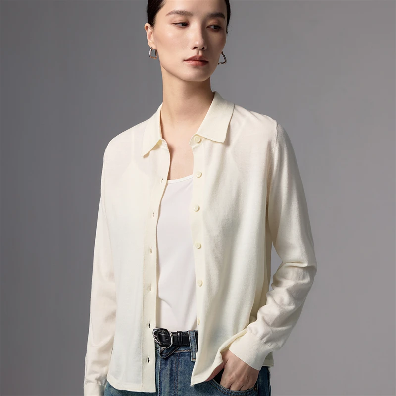 Pull en laine mérinos super fine 100 % pure pour femme, col polo, cardigan tricoté uni, couche de base tendance