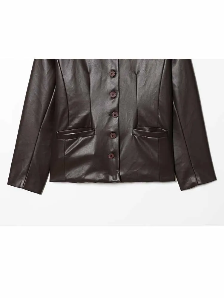 HH moda mujer invierno moda cuello redondo manga larga solo pecho chaqueta de cuero Artificial mujer Casual estilo callejero abrigo