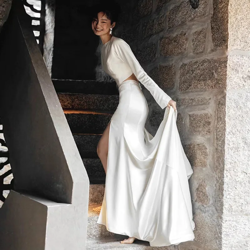 هيبورن نمط أنيق سليم صالح حورية البحر التخسيس عارية الذراعين بسيط قطار الاستقبال ثوب الساتان