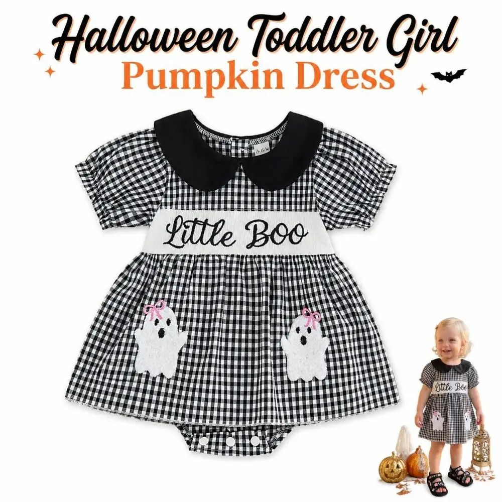 Collared Toddler Girl Pumpkin Dress Breathable Loose Kids Halloween Plaid Dress Lightweight Embroidered Puff Sleeve Baby Dress