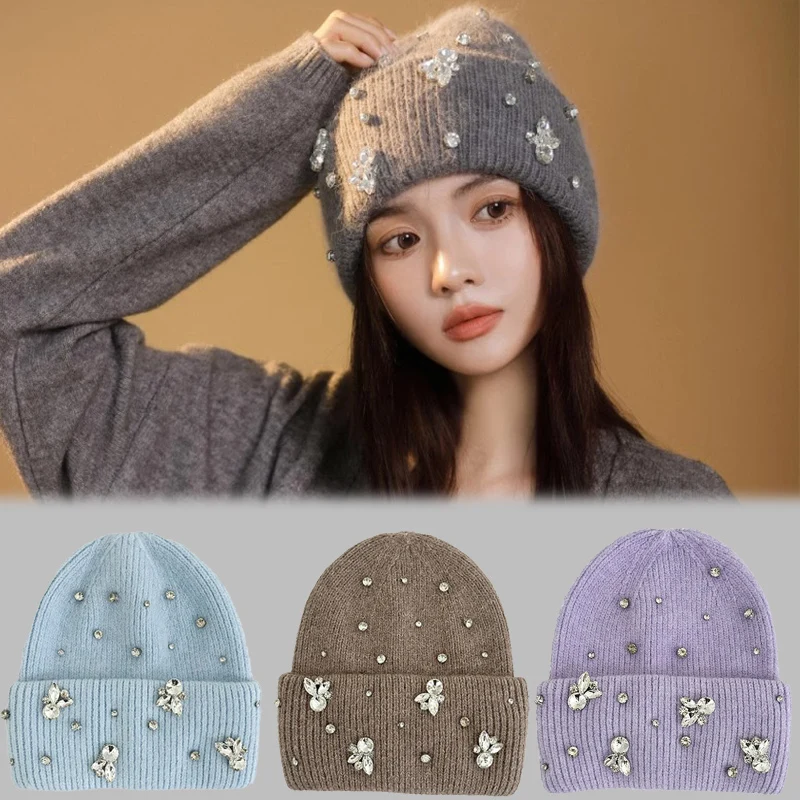 

New Luxury Rhinestone Knitted Hat Women Winter Wind Cold Warm Beanies Korean Designer Rabbit Fur Hat Ear Protection Skullies Hat