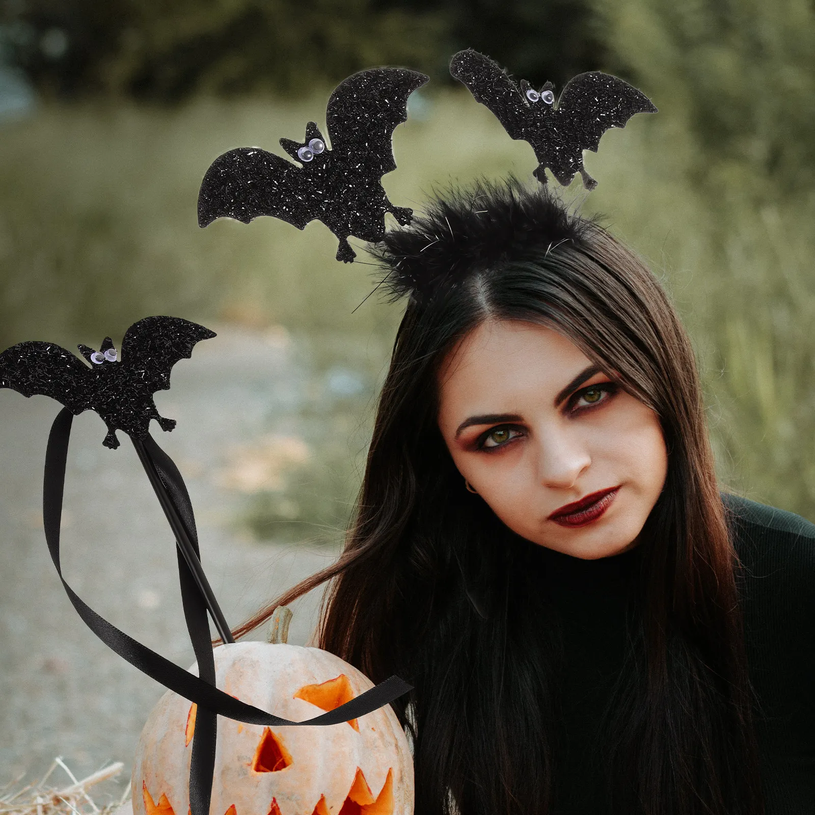 1Set Halloween Bat Headband and Wand Set Eye Catching Delicate Design Lightweight Comfortable for Cosplay Gothic Party