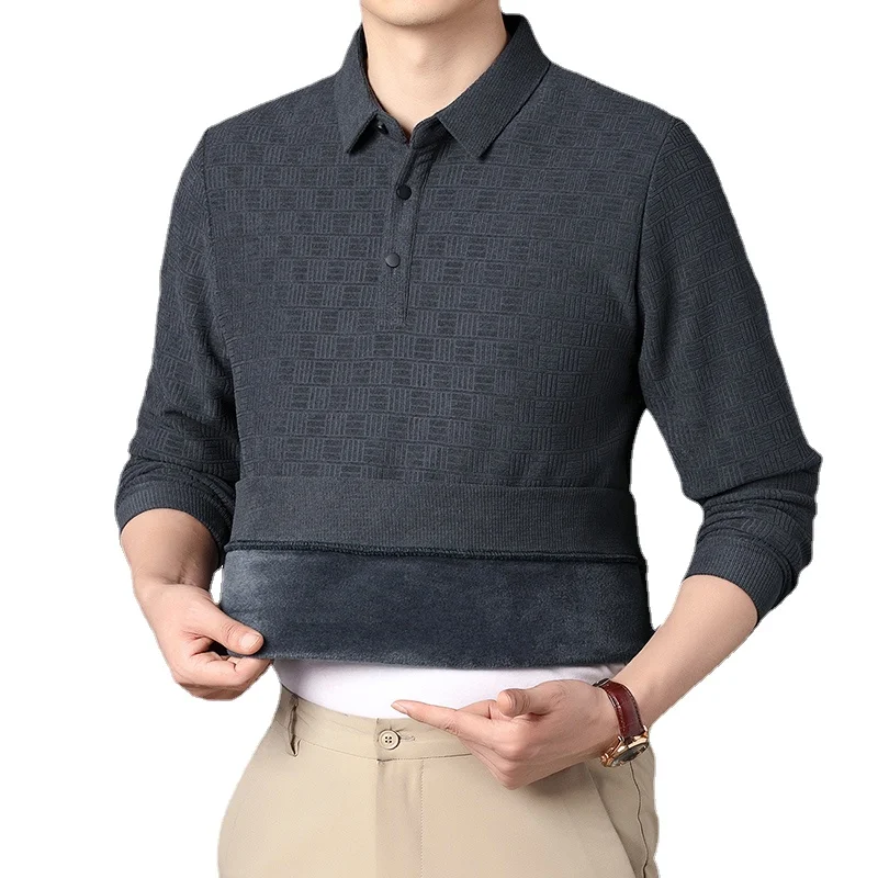 Men's New Mahjong Lapel Solid Colored Plush Long Sleeved POLO Shirt Plush and Thick Insulation Top