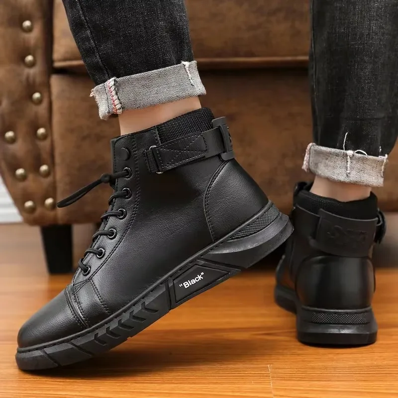 Herrenstiefel 2024, große Größe 48, trendiger britischer Stil, warme, hoch geschnittene, lässige Lederstiefel, Schnürung, wasserdichte
