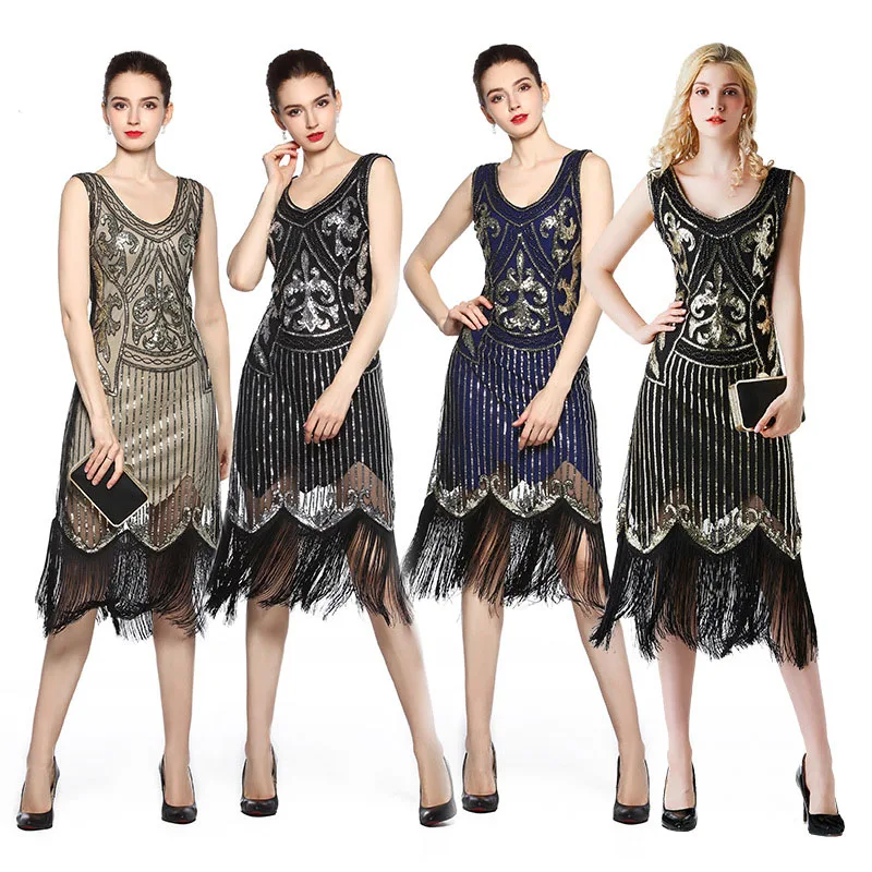 

2022 Women 1920s Vintage Sleeveless Sexy Flapper Fringed Dress Great Gatsby Party Dress Summer Costume Sequin Tassle Dress