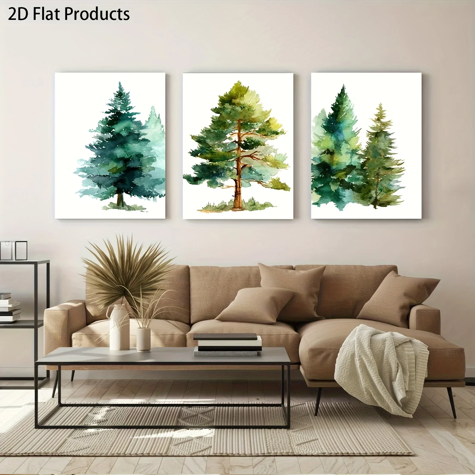 2D Flat, 2D Flat Painting, 2D Flat 3pcs Set, Abstract Art, Minimalist Wall Decor, Whimsical Pine Tree Watercolor in Soft Eart