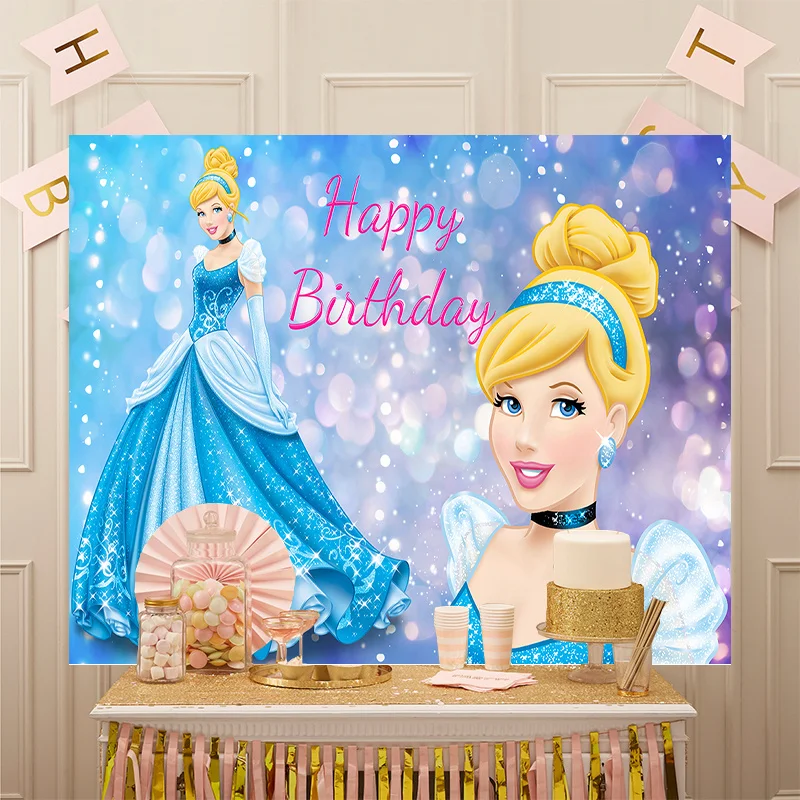 Disney Princess Baby Shower Photocall Cinderella Banner niebieska sukienka blond tło dziewczyny dekoracje na przyjęcie urodzinowe zdjęcie tło