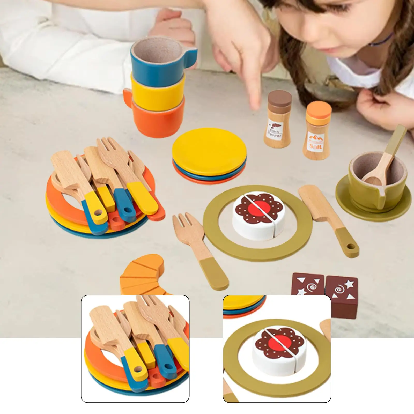 Wooden Play Dishes and Plates Spoons Accessories for 3+ Pretend Play