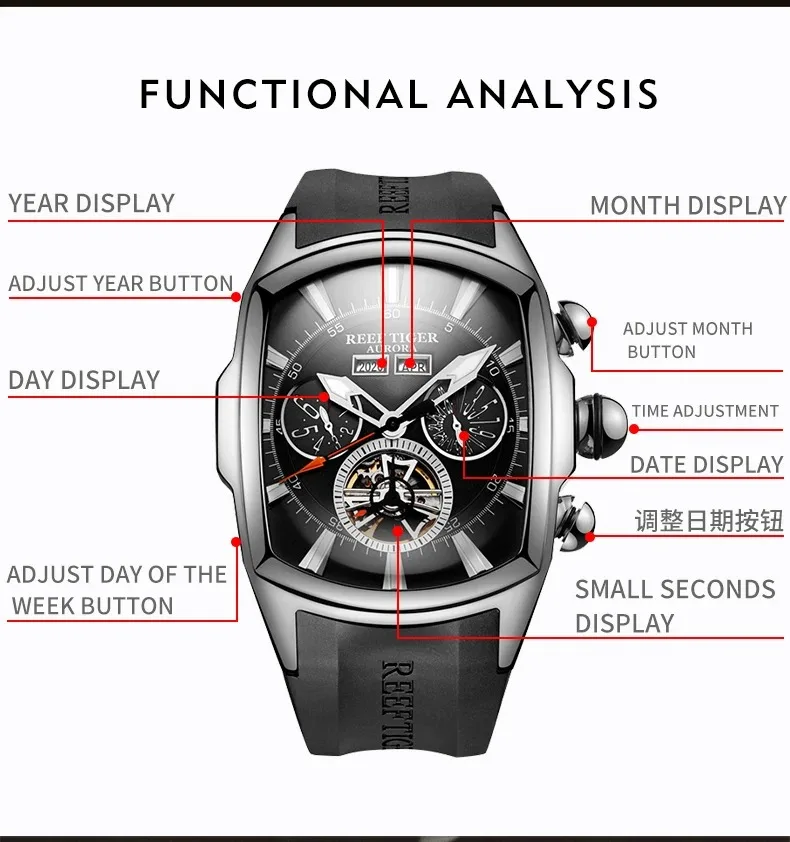Reef Tiger Men Automatic Watch 47mm Tonneau Case Sport Mechanical Wristwatch Skeleton Luminous Multi Dial Month Week Date