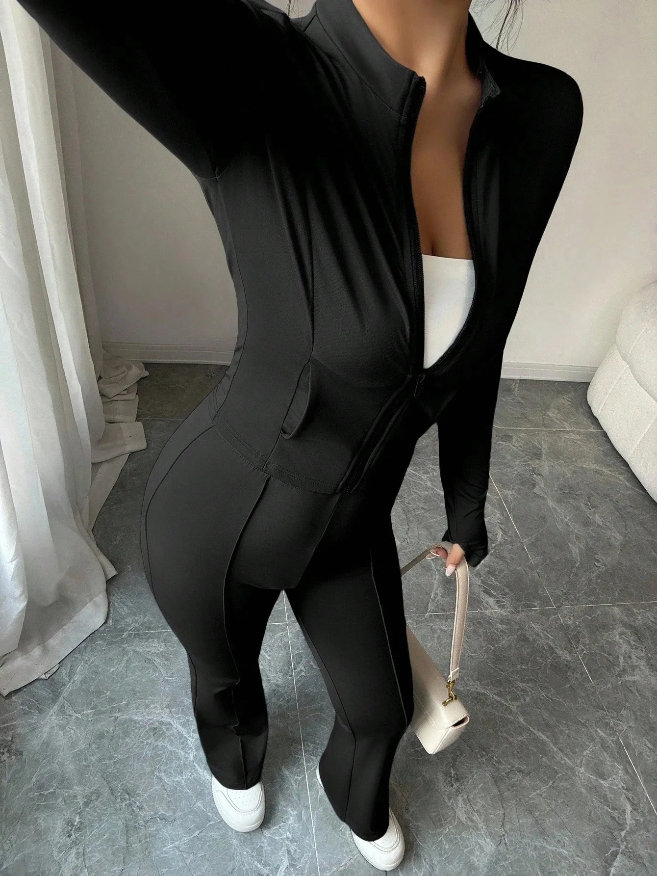 2026 New Women's Elegant Two Piece Set Stand Collar Zipper Slim Fit Top with Flared Pants Casual Tracksuit