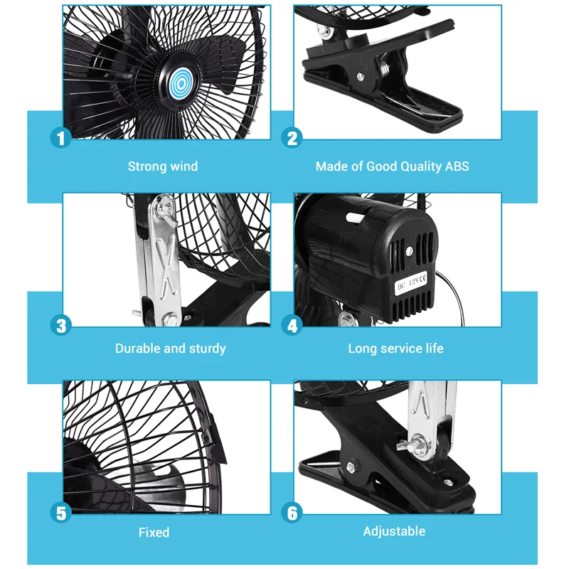 

AB56-10 Inch 12V Car Electric Fan Adjustable Speed Oscillating Cooling Fans With Clip For Home Travel Car Truck