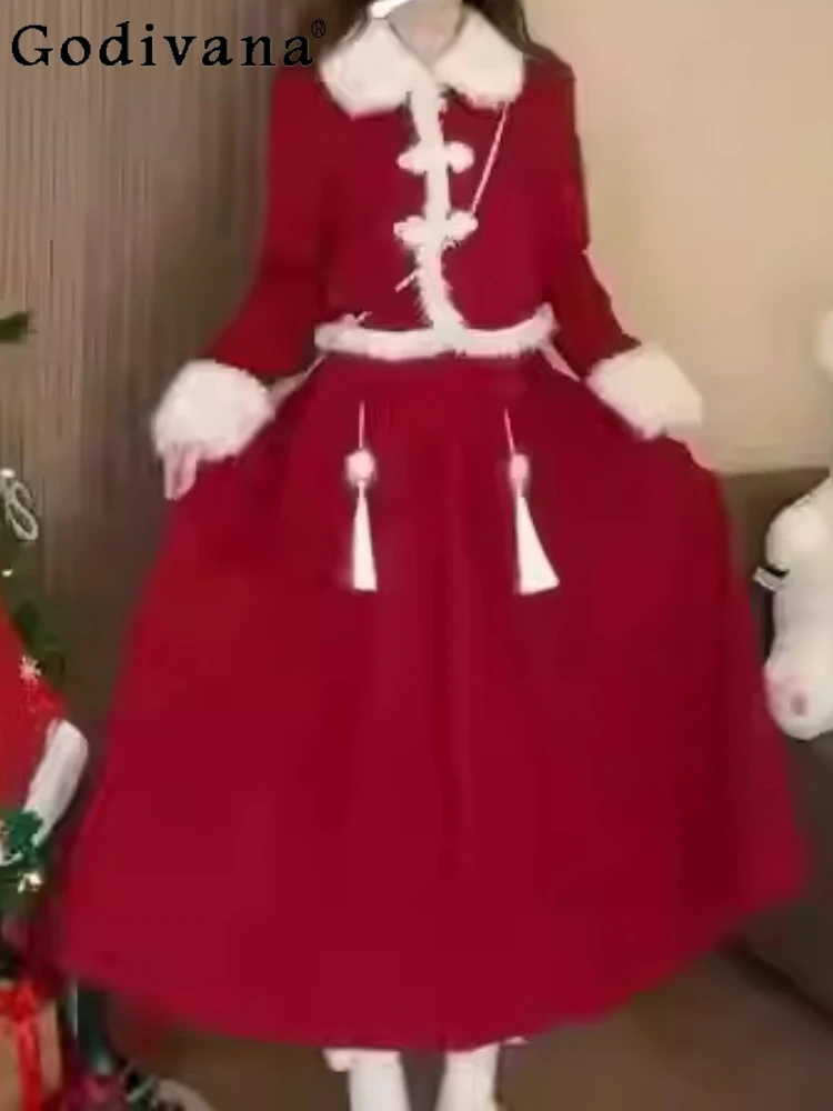 Christmas Two-piece Set New Chinese Red Autumn Winter Sweet Long Sleeve Coat Girl High Waist A-line Fashion Age Reduction Skirt