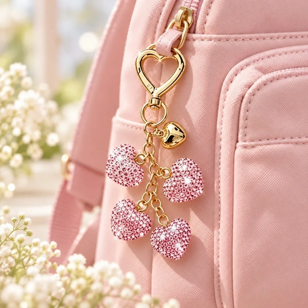 Versatile Layered Crystal Heart Rhinestone Keychain Diamond Bling Handbag Charm Portable Creative Car Key Ring Handbag Accessory