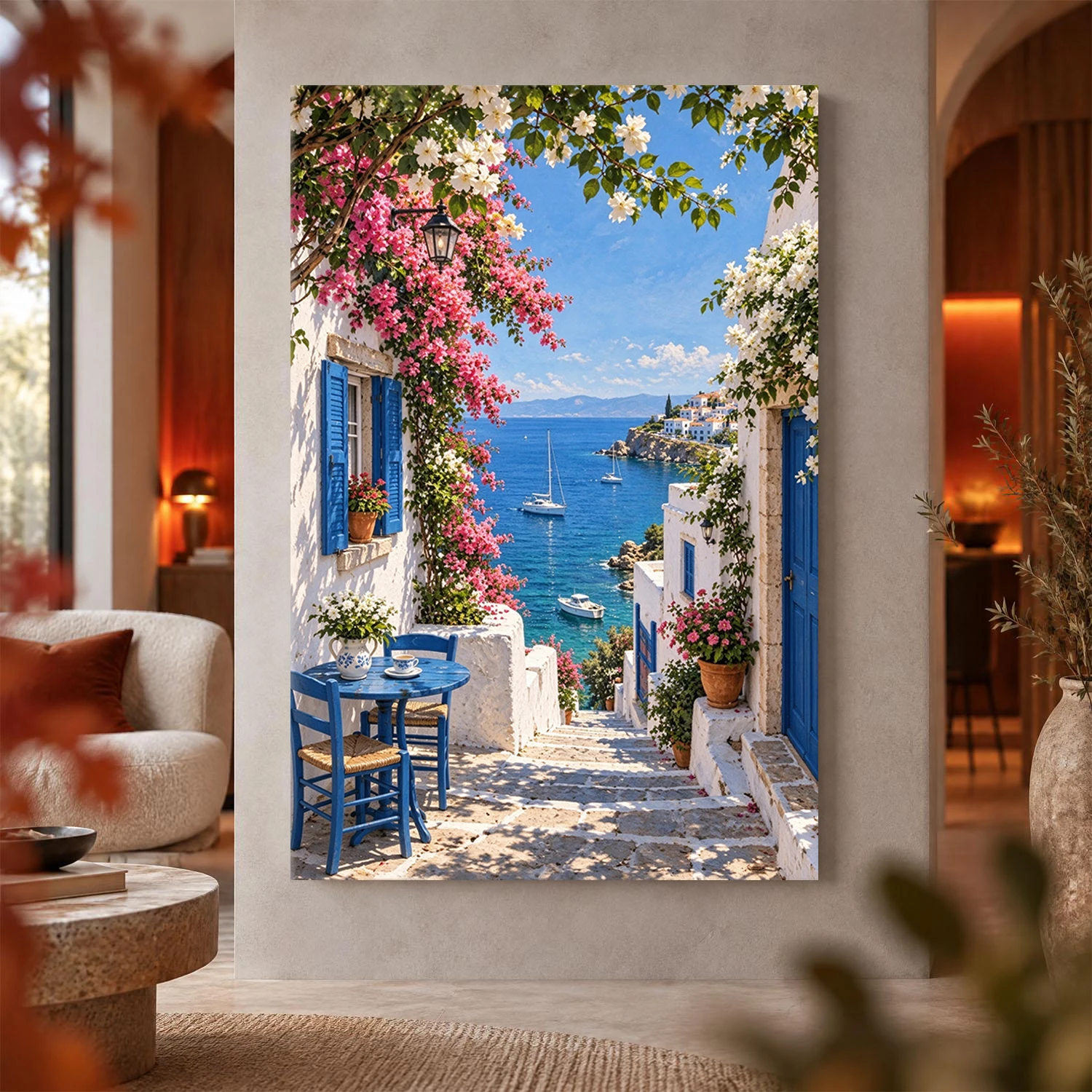 Greek Island Canvas Print, Mediterranean Coastal Wall Art, Aegean Village Floral Scenery Decor, Vibrant Blue Ocean View Artwork,