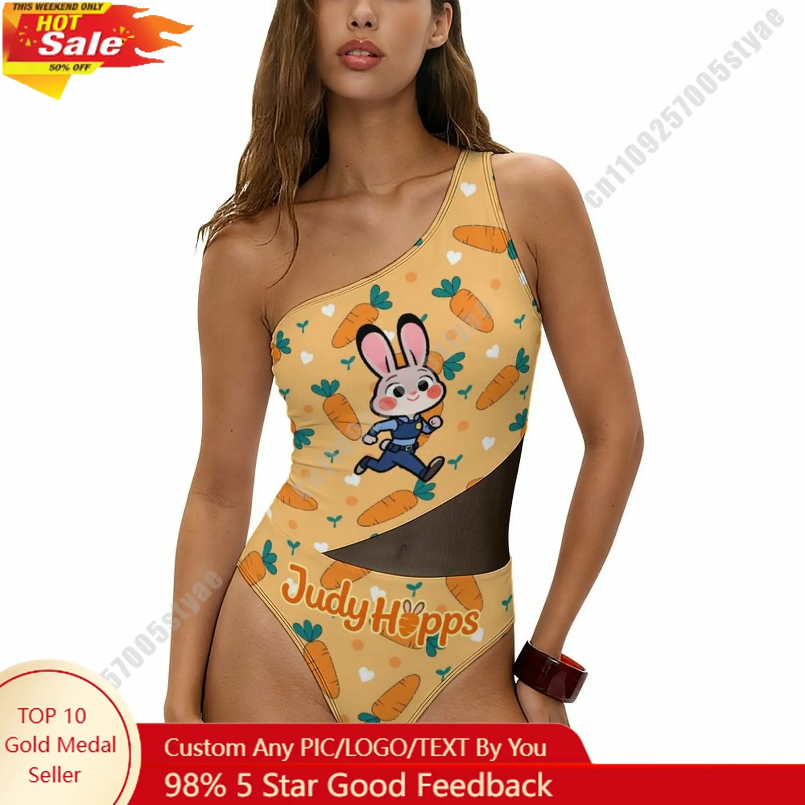 

Judy Hopps Swimwear Disney Cartoon Women Mesh One Piece Swimsuit Summer Fashion Beachwear Tummy Control One Shoulder Swimsuit