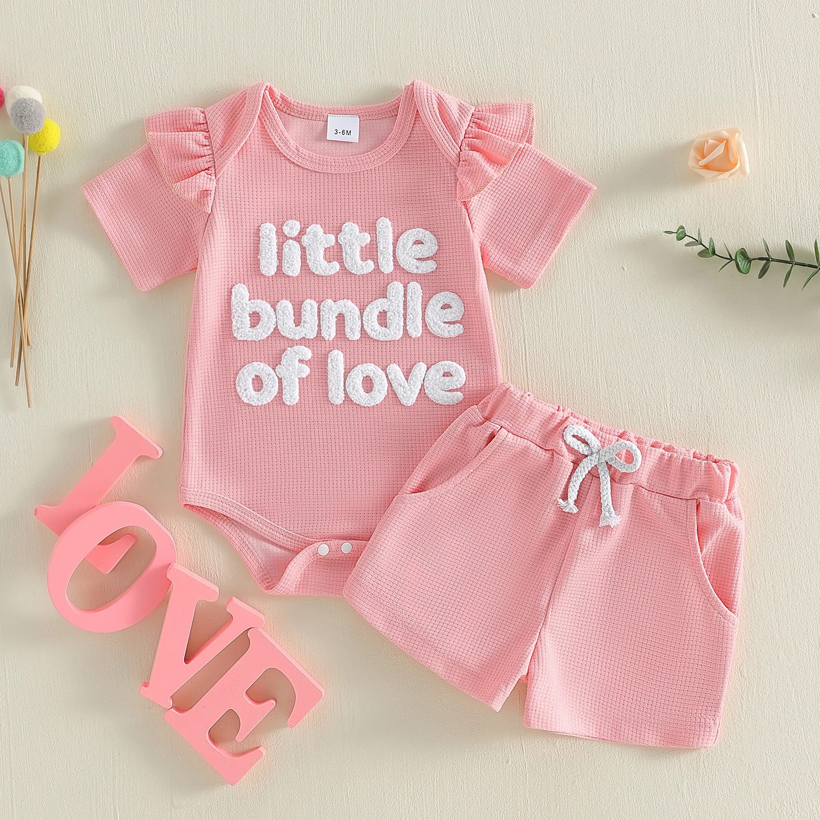 Sweet Baby Girls Waffles Shorts Set Fly Sleeve Embroidery Letters Ruffles Romper with Shorts Summer Girls Outfit Set