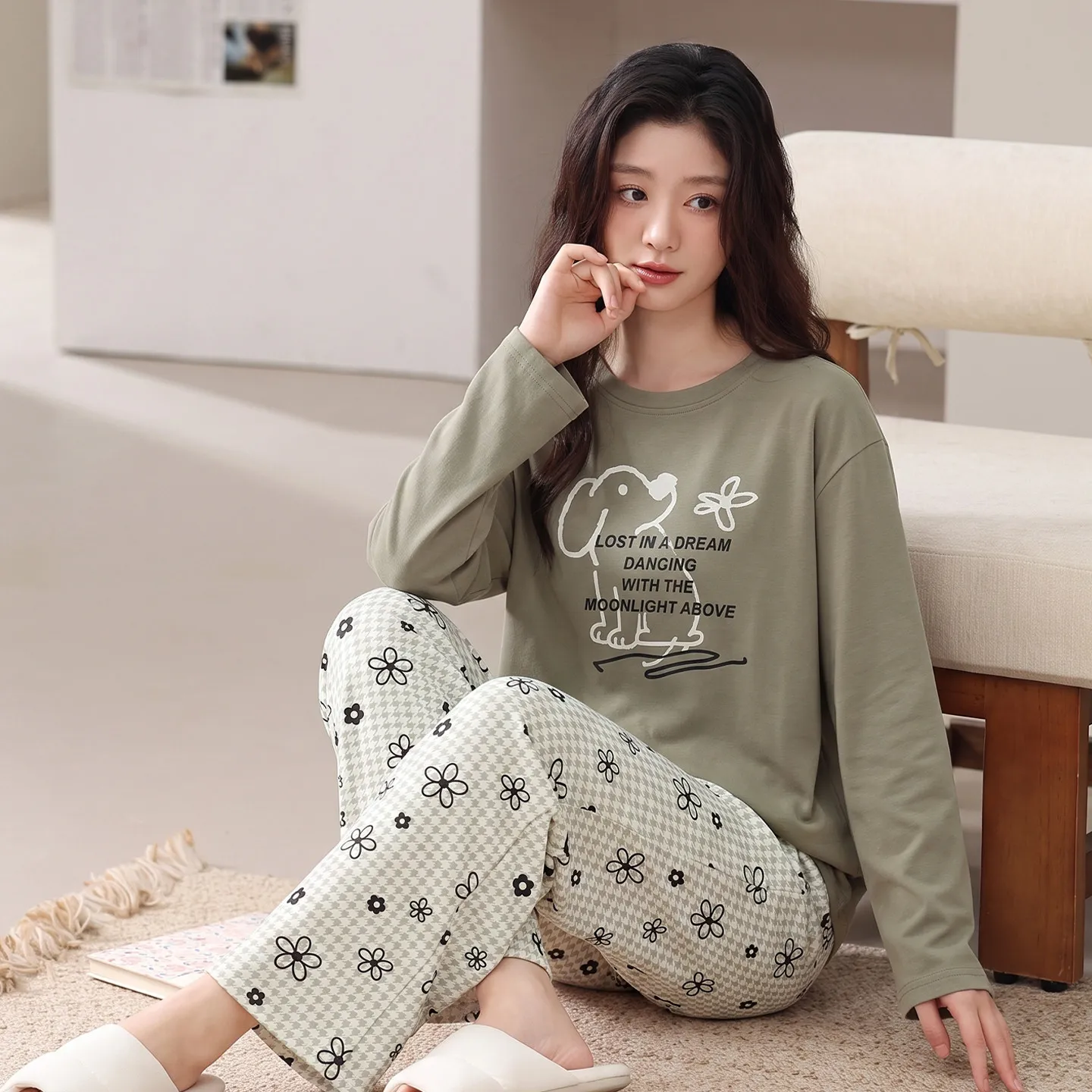 2 Pieces Set Cotton Homewear with Bra Pad for Spring and Autumn Young Girl Pullover Homewear Women Loungewear Mujer Pijamas