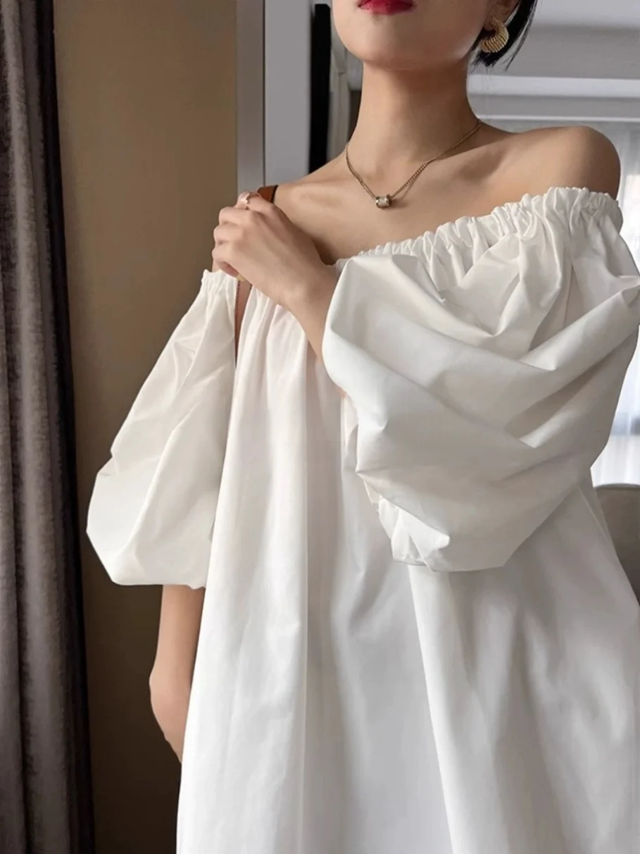 

ROUJE KEFSS Women's Shoulder Bared Short Sleeve White Shirt Summer New Small Design Sense Top for Pear Body Types