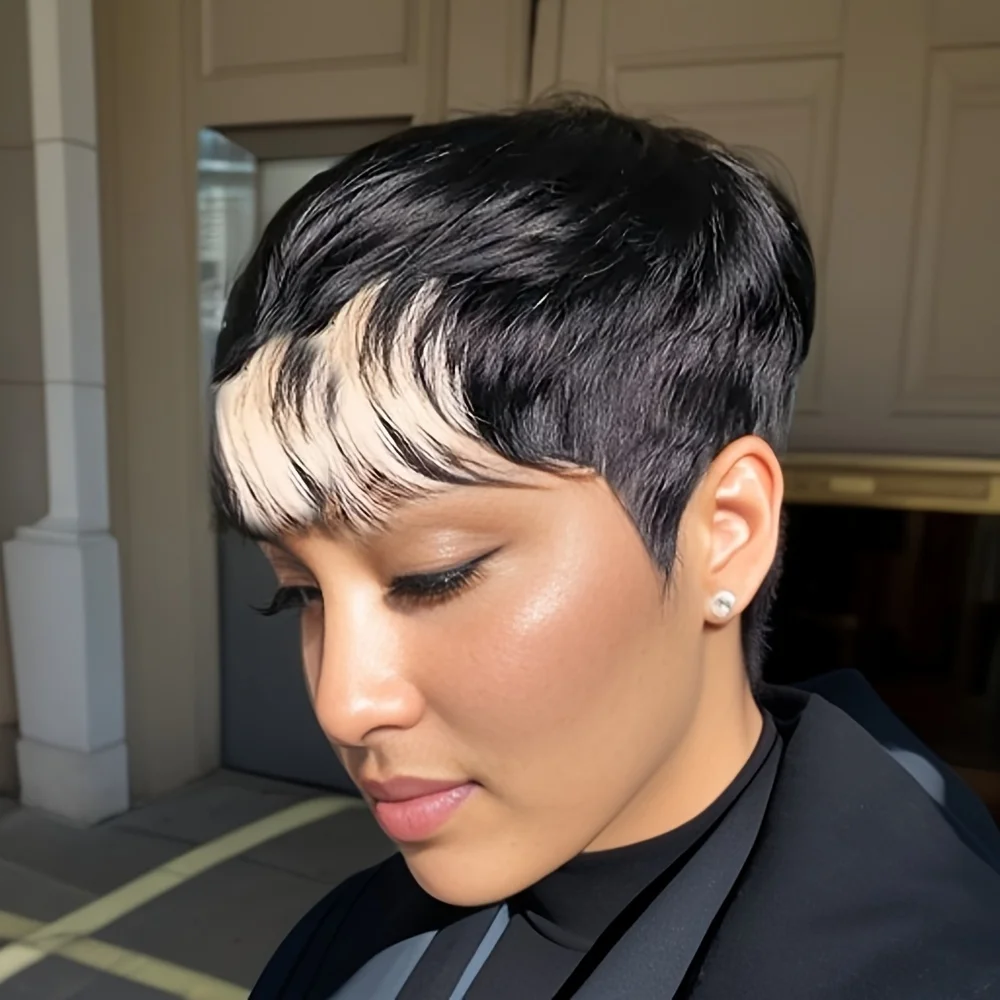 

Pixie Cut Wig with Bangs 613 Blonde Glueless Short Straight Machine Made Human Hair 180% Density Suitable for Daily Wear
