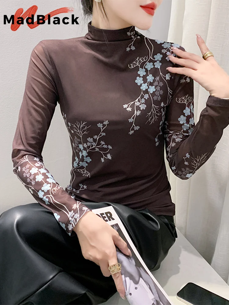 

MadBlack European Clothes T-Shirt Women Sexy Turtleneck Flower Print Slim Mesh Top Long Sleeve Tight Tee Autumn Winter T39765JM