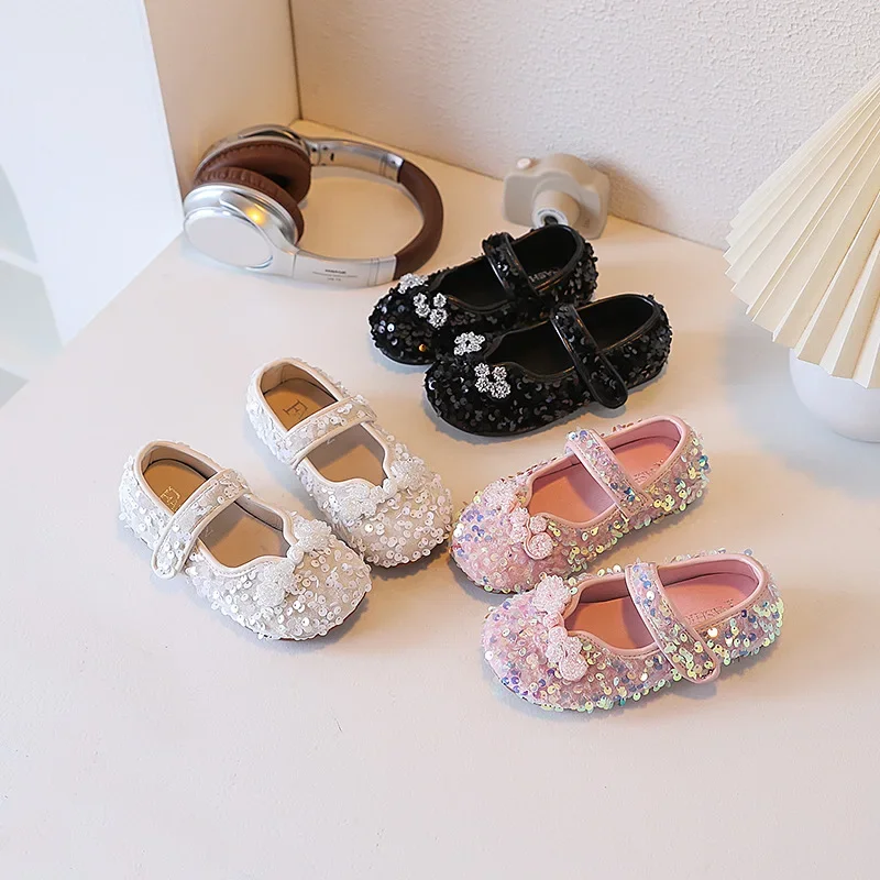 

Autumn Princess Casual Flats for Girls Sequin Crystal Baby Kid’s Leather Shoes Soft Children’s Leather Shoes for Students