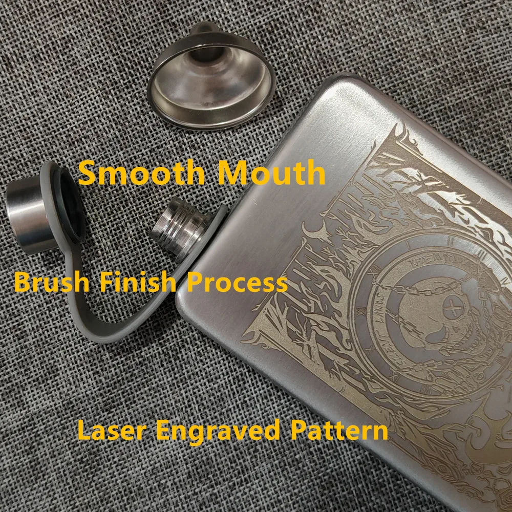 SUS 304 Pocket Hip Flask 9 OZ Rectangle Shape Stainless Steel Brush Finish Laser Engrave Death Skull For Alcohol Liquor Whiskey