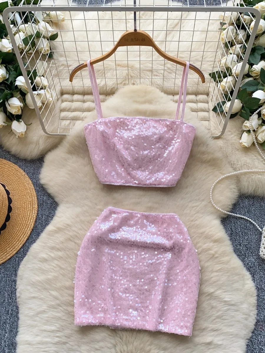 

Foamlina Elegant Sexy Hot Girl's Halter Crop Sequin Vest Camisole & Tight Bodycon Mini Skirt Set Women Two Piece Set