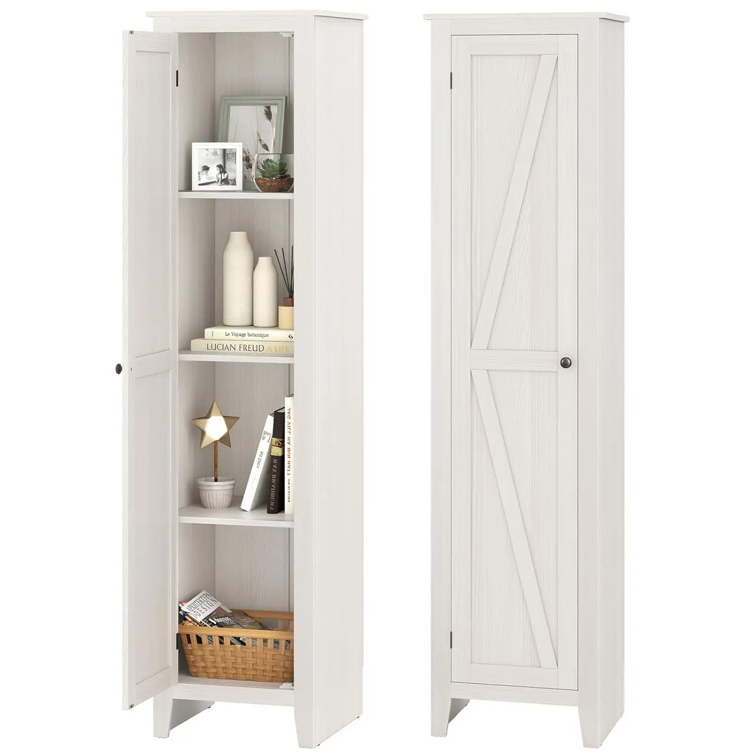 

72-Inch Narrow Tall Storage Cabinet 4 Shelves Barn Door Anti-Tilt Feet Small Space Bathroom Kitchen Office, Customized