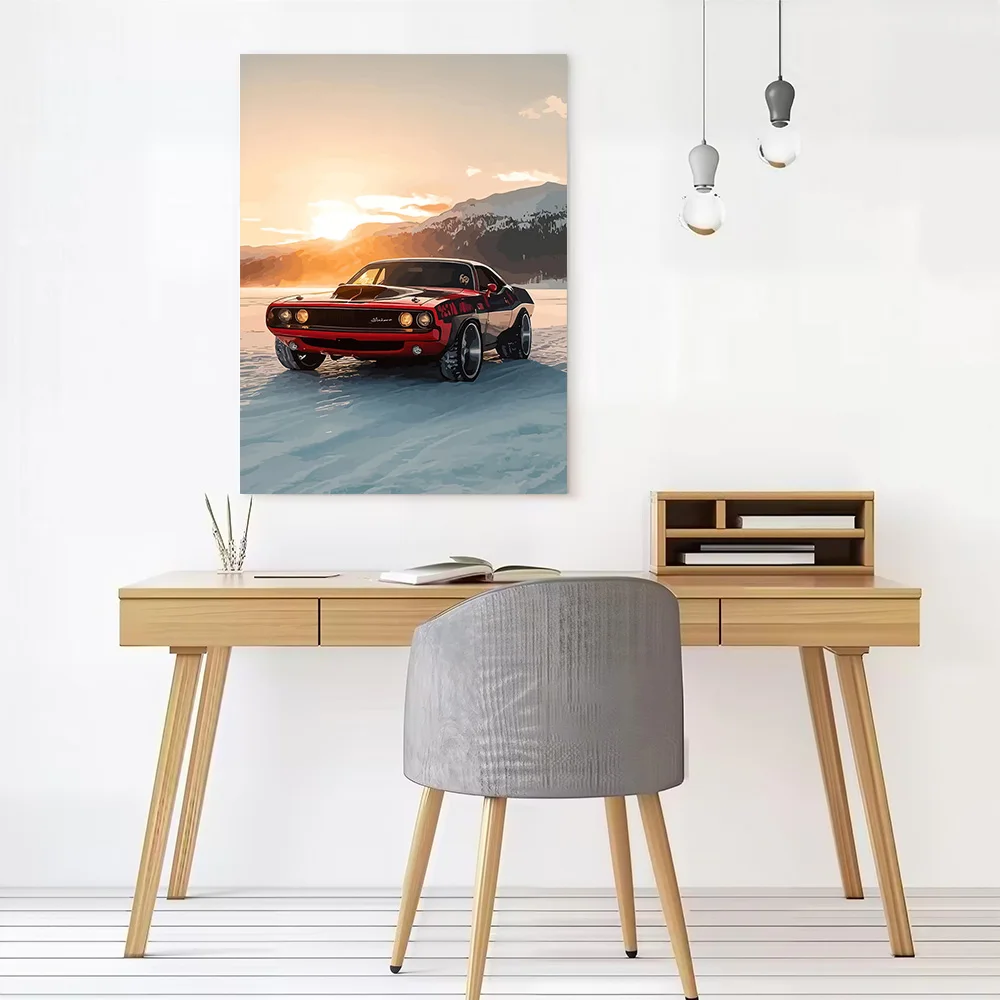 Sports Car Challenger Sunset Canvas Poster Customizable Printed Canvas Painting Wall Art for Fans Walls Decoration Living Room
