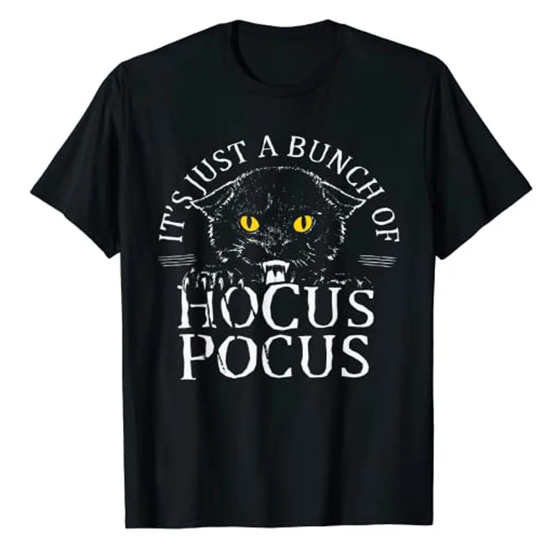 

Vintage Halloween Black Cat It's Just A Bunch of Hocus Pocus T-Shirt Cute Cat-Lover Graphic Tee Tops Short Sleeve Blouses Gifts