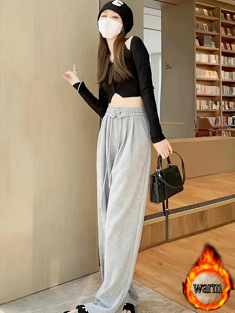 한국 스타일 인스 스타일 여성 캐주얼 팬츠, 새로운 가을 겨울 루즈 슬림 와이드 팬츠, 플리스 안감 및 두꺼운 소재, 하이웨이스트, 드레이프 스트레이트 팬츠