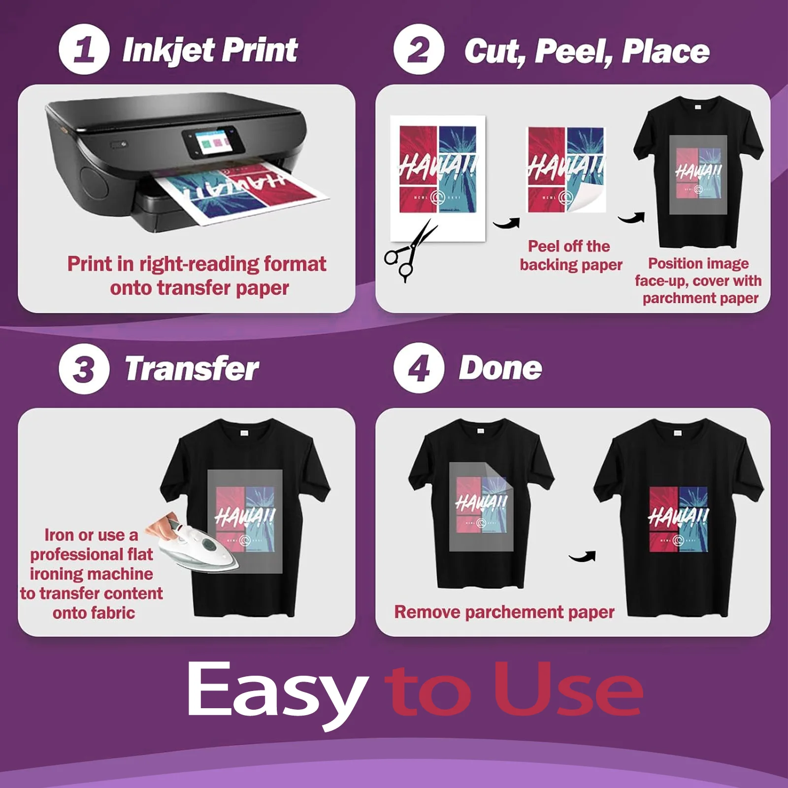A4 Size 5 Sheets Iron-On Transfer Paper for Dark Fabrics Washable Durable Transfer Paper Compatible Inkjet Printing