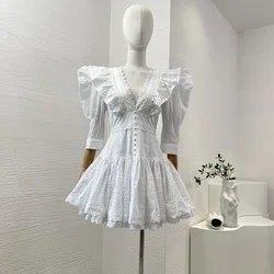 Cotton 2024 New Summer Holiday Design White Embroidery Hollow Out Half Sleeve Ruffles Deep V-neck Backless Mini Dress