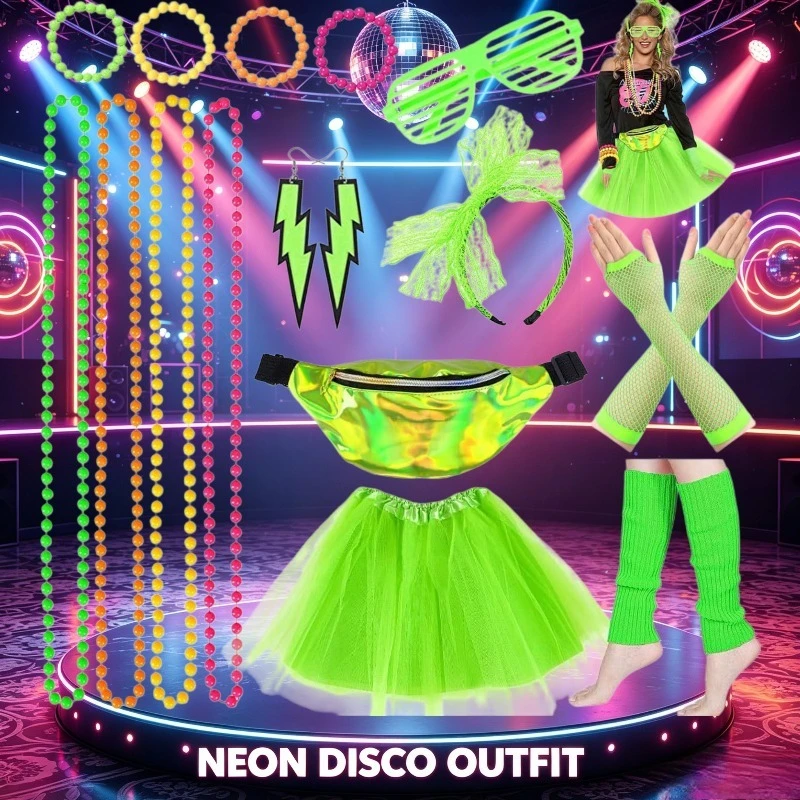 80s Disco Retro Dance Prop Set Halloween Studio Set Including Necklace Headband Gloves Wristband and Knee Pads