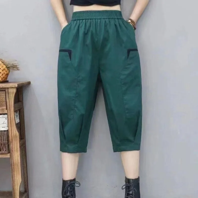 Elastic High Waist 2024 Summer New Women\'s Patchwork Fashion Solid Color Pockets Folds Loose Casual Versatile Western Capris